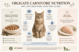 Cat nutrition infographic comparing complete and balanced cat food with plain meat and highlighting essential nutrients cats need.