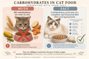 Infographic comparing the myth that all carbohydrates are toxic to cats with the fact that appropriate carbohydrates can be included in a complete and balanced cat diet.