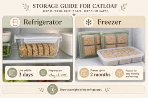 Cooked catloaf portions stored in an airtight refrigerator container and individually divided for freezing.