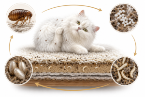 Illustration showing the flea life cycle on a cat