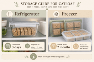 Cooked catloaf portions stored in an airtight refrigerator container and individually divided for freezing.