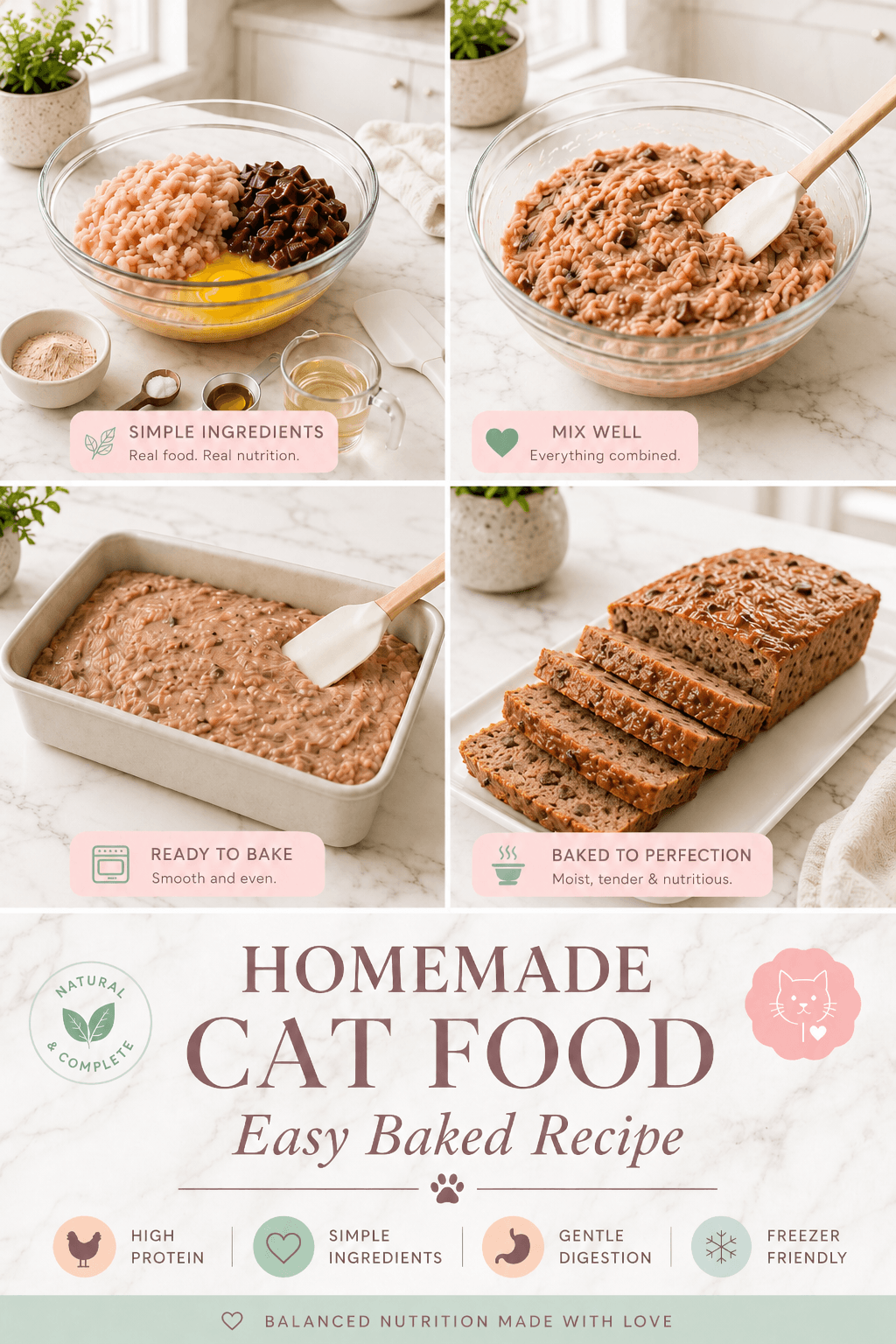 Finished homemade chicken catloaf prepared for adult cats