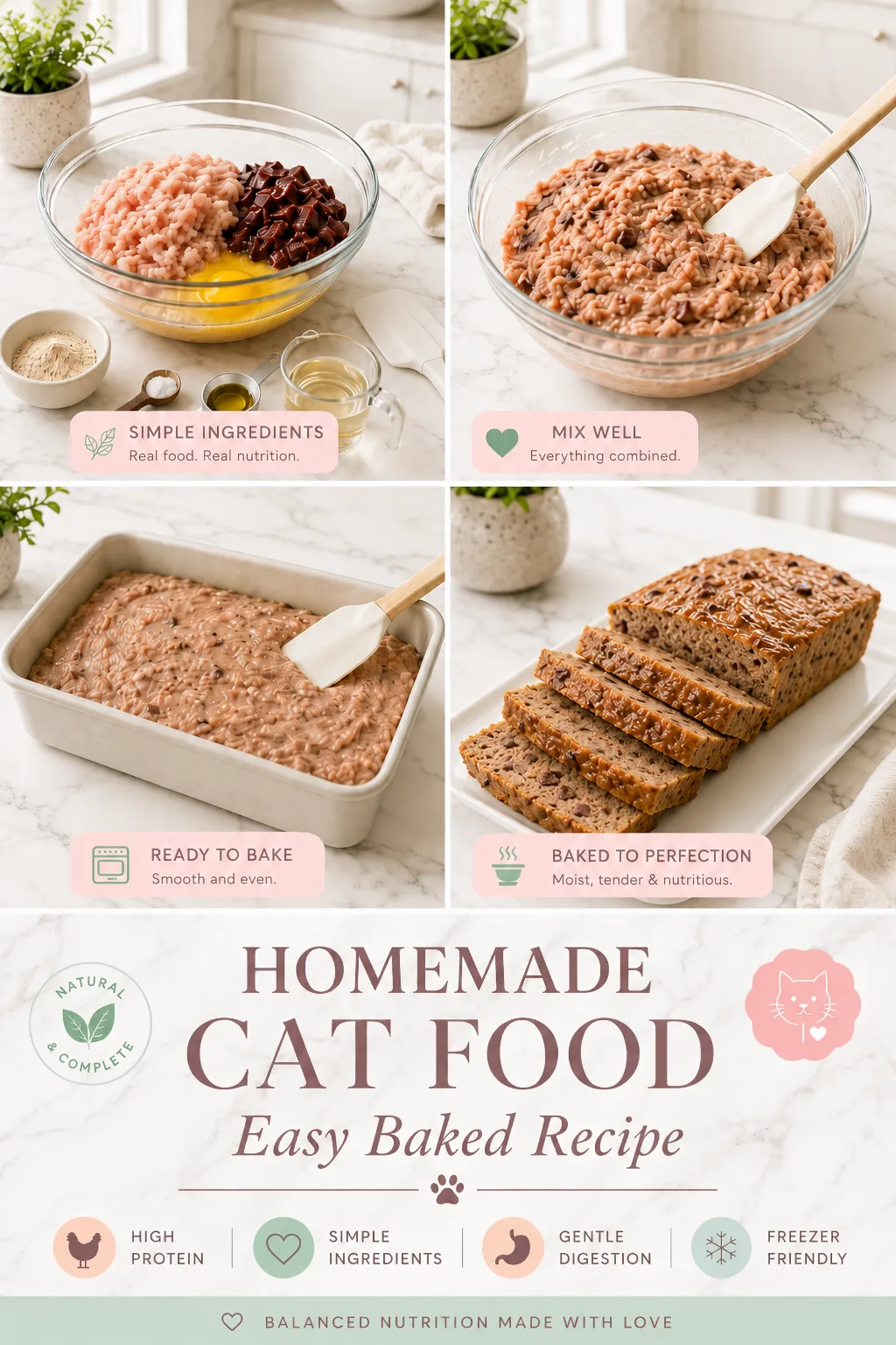 Finished homemade chicken catloaf prepared for adult cats