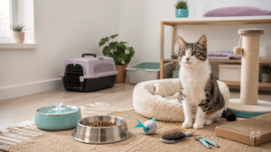 Relaxed young cat surrounded by essential supplies for new cat owners in a bright modern home