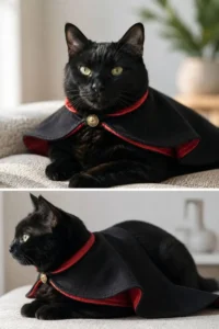 a relaxed black cat comfortably wearing a tiny cape costume