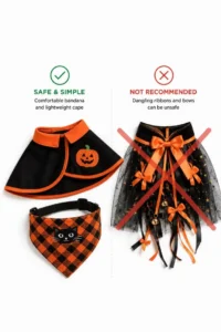 a simple, safe cat costume (soft bandana and small cape) next to a crossed-out illustration style overlay of a costume with dangling ribbons and small bows, clean white background,