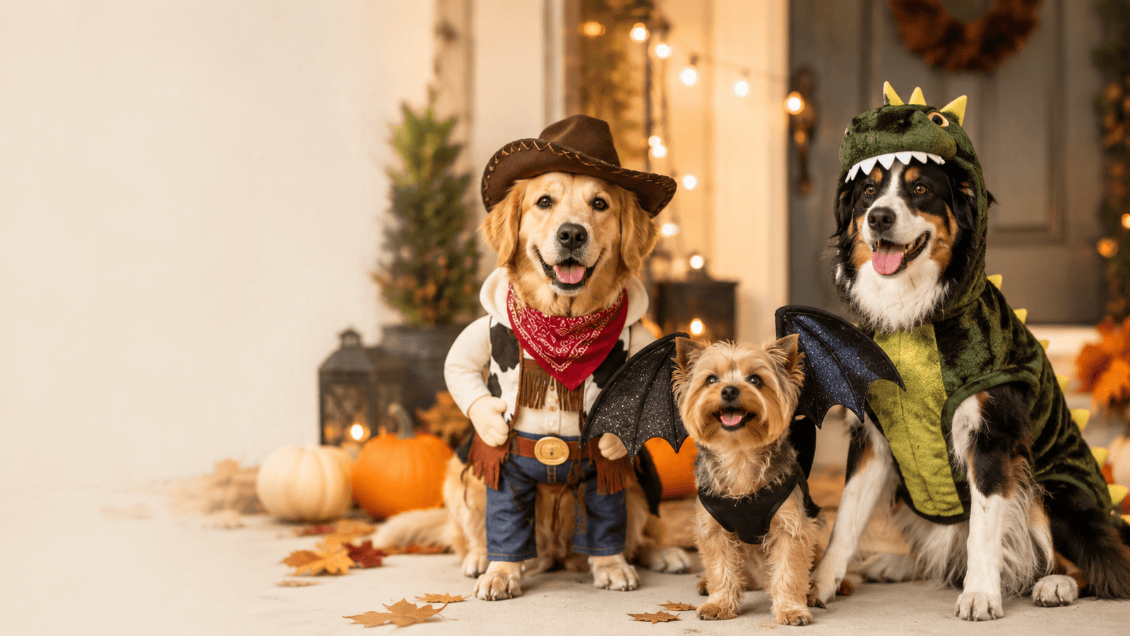 Dogs wearing some of the best dog Halloween costumes, including cowboy, bat-wing, and dinosaur-inspired outfits in a festive Halloween setting.