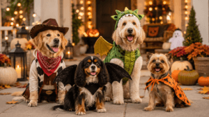 Dogs wearing creative Halloween costume ideas and themes, including cowboy, bat-wing, dragon, and simple seasonal outfits.