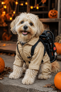 Dog wearing one of the best dog Halloween costumes, a Ghostbusters-inspired khaki outfit with a toy ghost-hunting backpack in a festive Halloween setting.