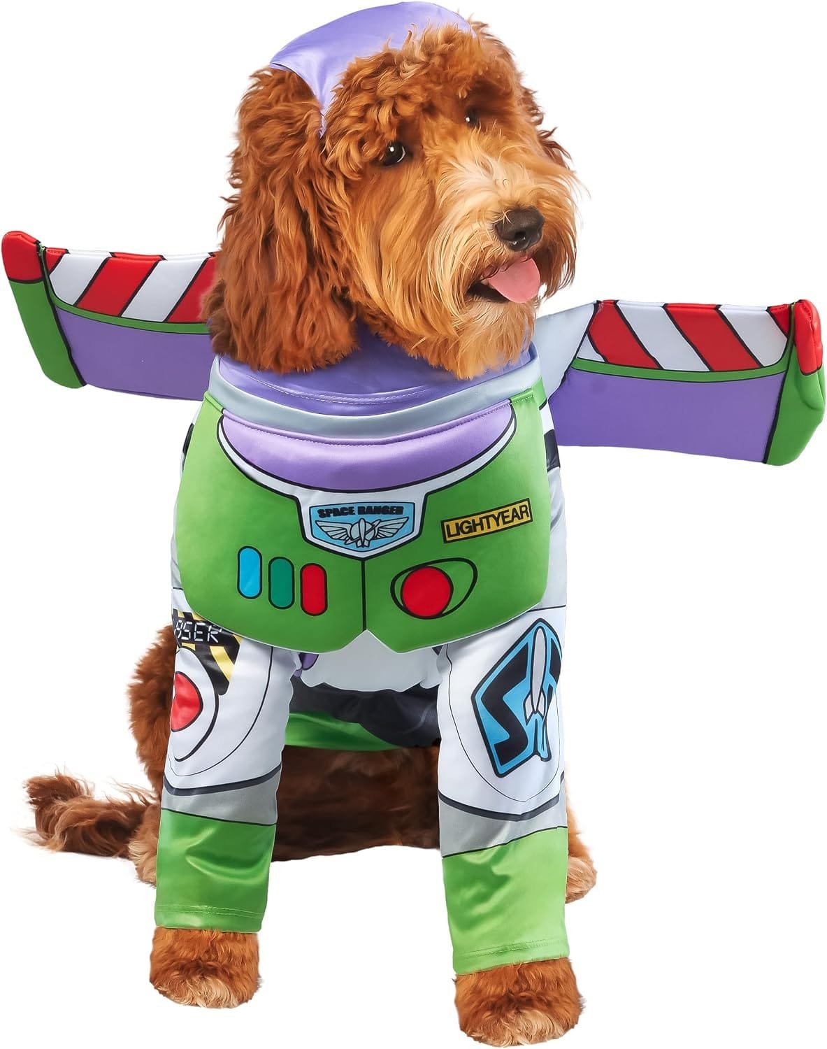 Buzz Lightyear: A space ranger outfit with a purple helmet-style hat, a green-and-white suit with chest buttons, and arm panels with light-up red tips. It's a fun pick for Toy Story fans, and it works for both dogs and cats. Rubies Toy Story Buzz Lightyear Pet Costume