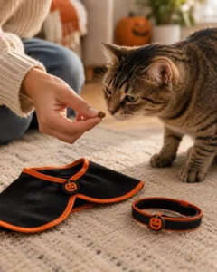 cat sniffing a folded Halloween costume