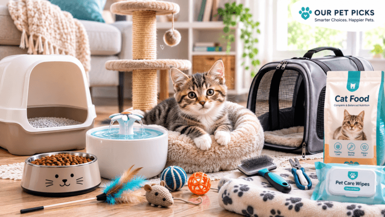 Best cat supplies for new pet owners, including a litter box, cat bed, scratching post, food and water bowls, toys, grooming tools, and carrier.