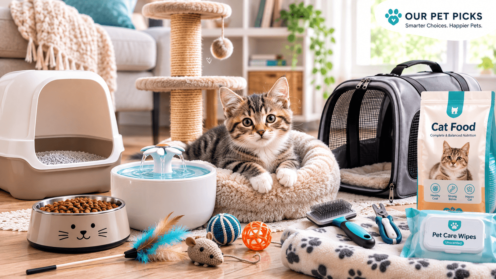 Best cat supplies for new pet owners, including a litter box, cat bed, scratching post, food and water bowls, toys, grooming tools, and carrier.