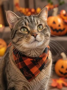 cat wearing only a small orange-and-black bandana around its neck