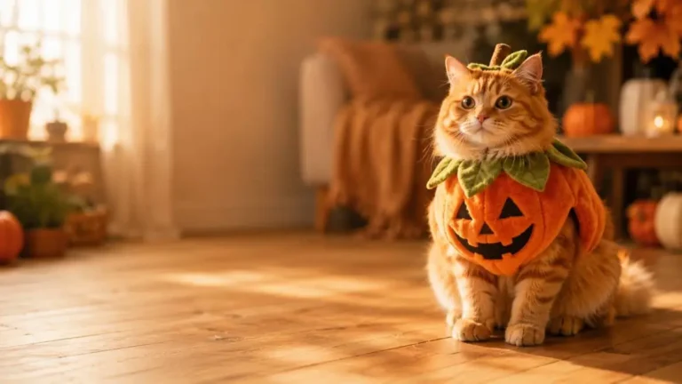 orange tabby cat wearing a pumpkin Halloween costume