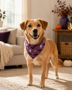 Comfortable dog wearing a simple Halloween bandana instead of a restrictive costume.