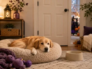 Dog relaxing in a quiet safe space away from Halloween visitors.