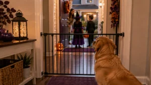 Dog safely separated from the front door during Halloween trick-or-treating.