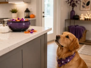 Halloween candy safely stored out of reach of a curious dog.