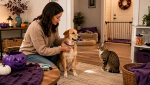 Pet owner preparing dogs and cats for a safer Halloween.