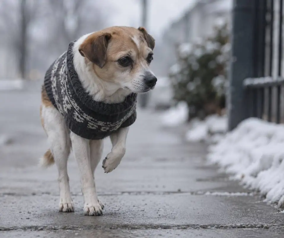 Dog lifting a paw and hunching, a sign it is too cold outside