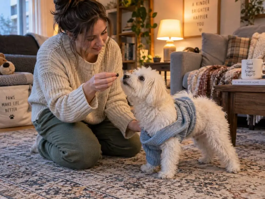 Owner using a treat to introduce a dog to wearing a sweater