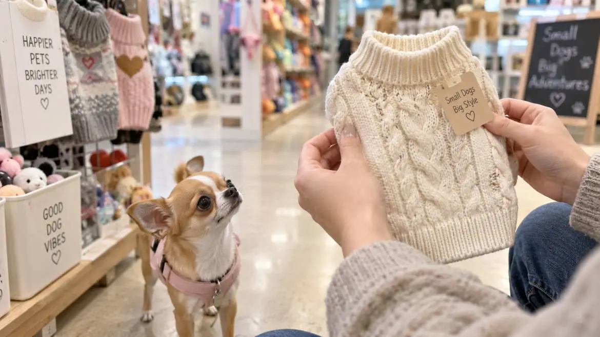 First-time dog owner choosing a small dog sweater in a pet store