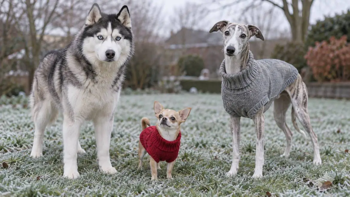 Husky, chihuahua and whippet showing which dog breeds need sweaters
