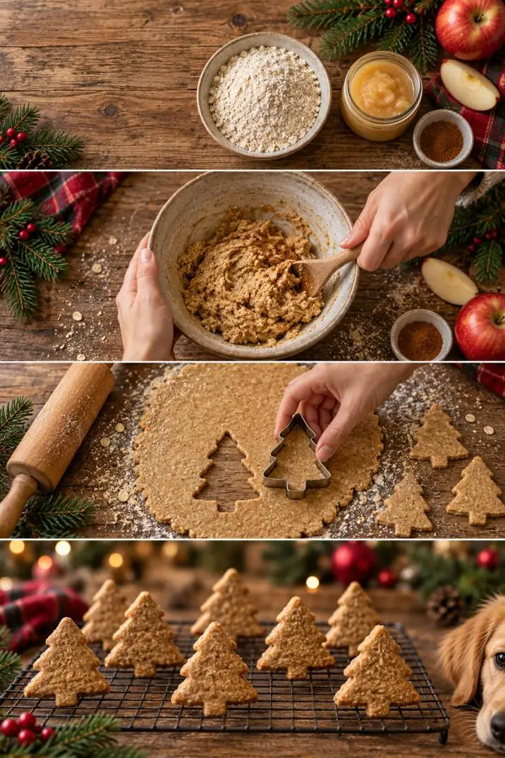 Apple cinnamon Christmas tree dog cookie recipe steps collage showing ingredients, dough, cutting, and baked cookies