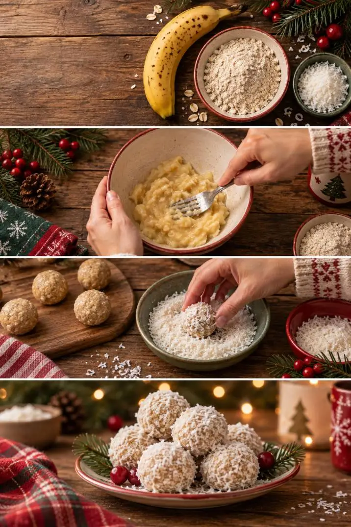 No-bake banana coconut snowball dog treat steps collage showing ingredients, mashing, rolling, and finished treats