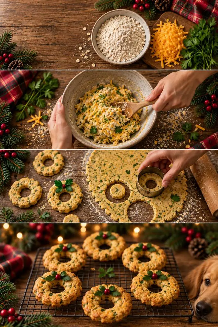Cheesy parsley wreath dog cookie recipe steps collage showing ingredients, dough, cutting, and baked cookies