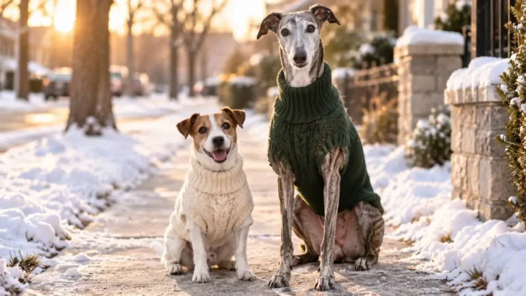 Small terrier and large greyhound wearing winter dog sweaters on a snowy sidewalk