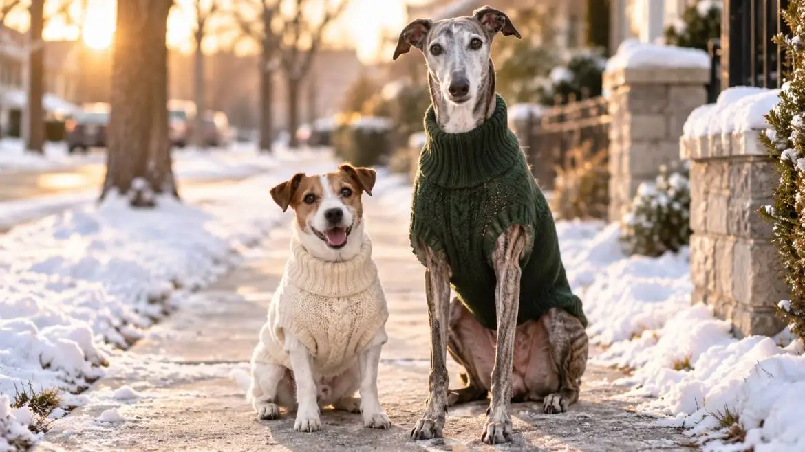 Small terrier and large greyhound wearing winter dog sweaters on a snowy sidewalk