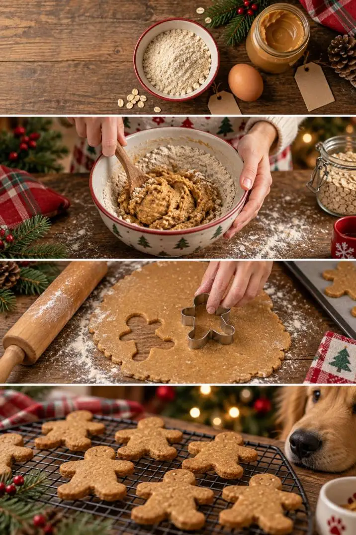 Peanut butter gingerbread dog cookie recipe steps collage showing ingredients, dough, cutting, and baked cookies