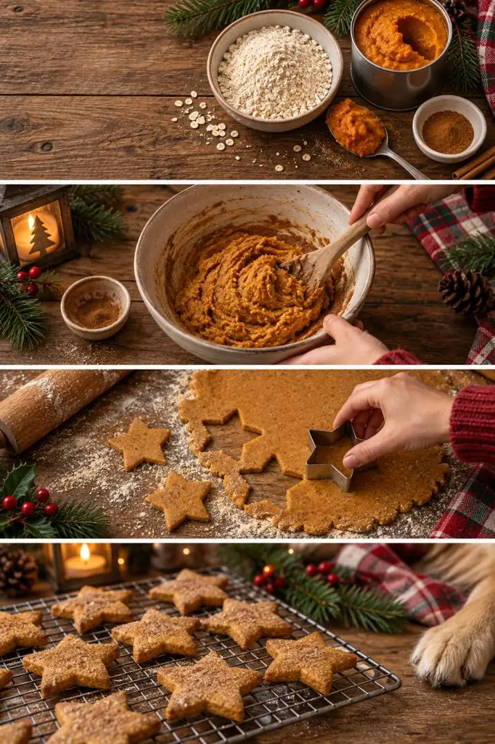 Pumpkin cinnamon star dog cookie recipe steps collage showing ingredients, dough, cutting, and baked cookies