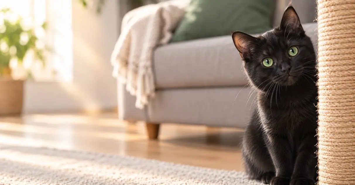 cat sitting next to a cat scratcher in front of a couch