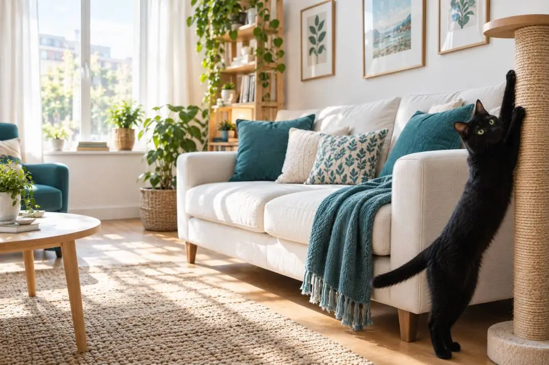 cat stretching on a cat scratching post next to a sofa