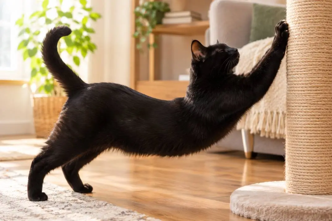 cat stretching while using a cat scratching post to avoid cat scratch everywhere